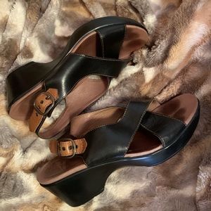 DANSKO Black Leather Platform Wedge Sandals — 9.5 / 10 / 40